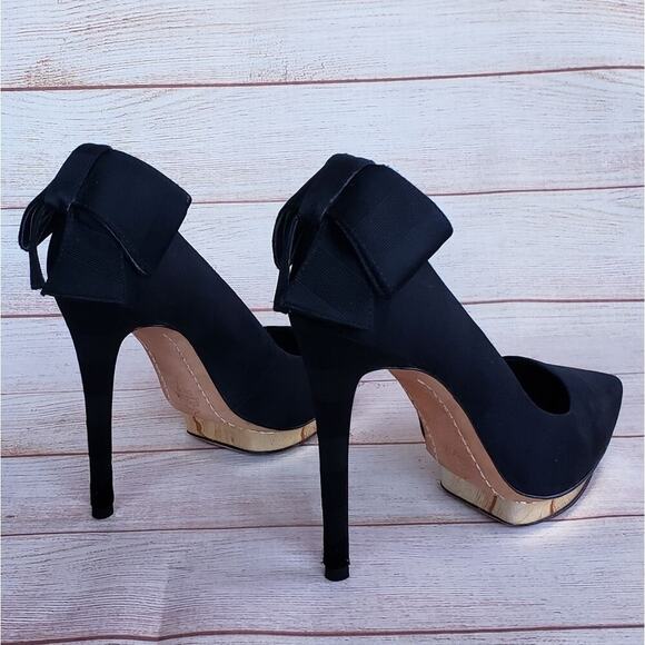 Alice + Olivia by Stacey Bendet Black Faille Fabric Platform Heels Bow Pumps - Picture 6 of 16